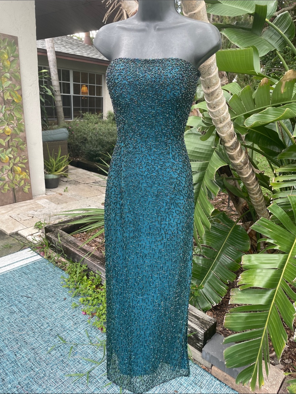 Corset strapless, pure silk iridescent beaded dress with side slityy